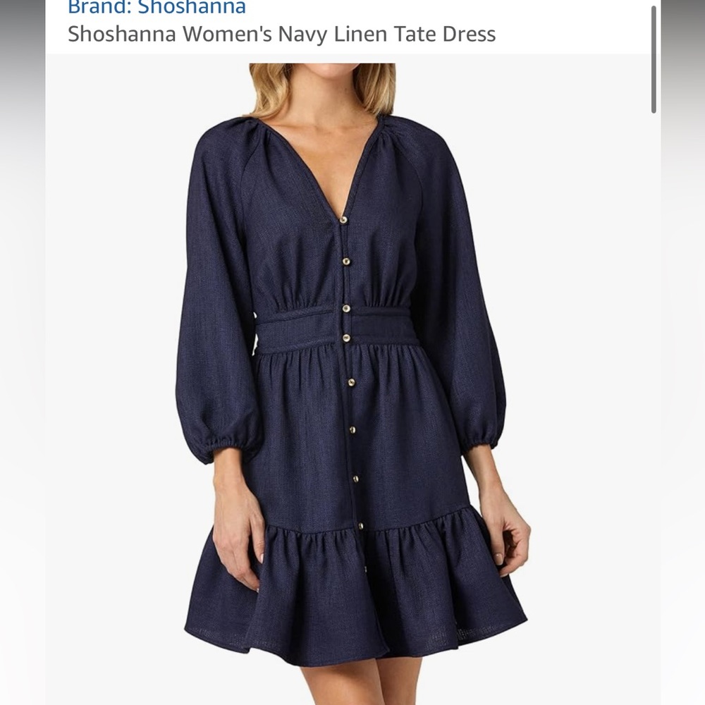 NWT Shoshanna “Tate” navy linen dress gold buttons smocked waist size 12